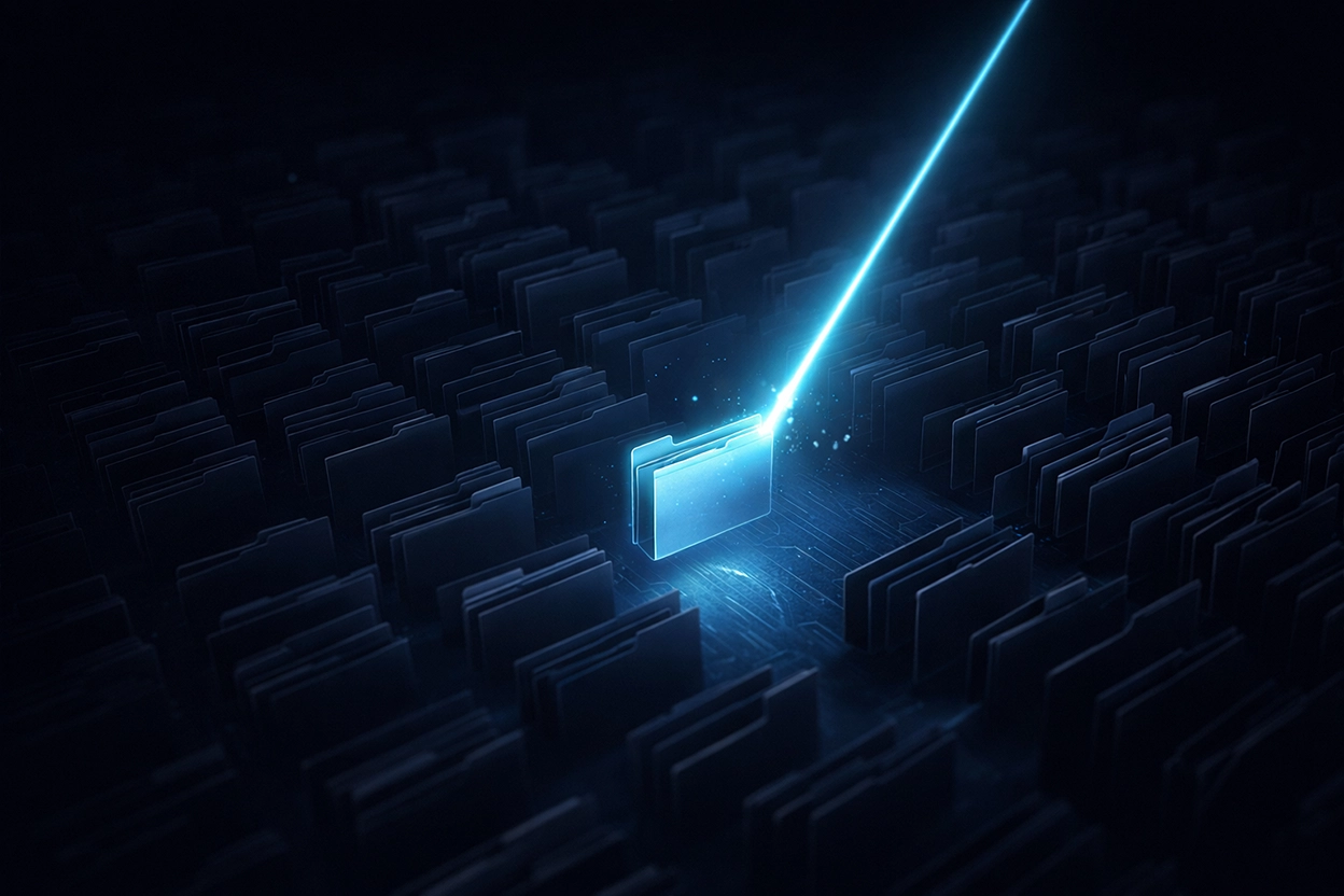 Diagrama abstracto de tecnología RAG mostrando un rayo de luz extrayendo un único documento seguro de una base de datos oscura